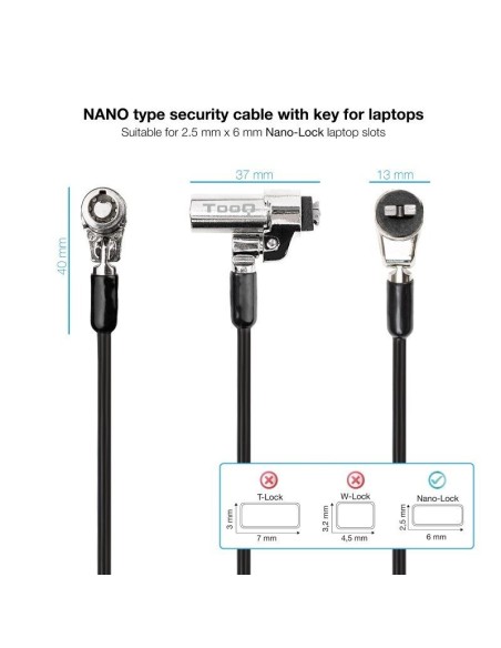 CABLE SEGURIDAD TOOQ CON LLAVE 1.5M NEGRO PN: TQCLKC0045-G EAN: 8433281013667   